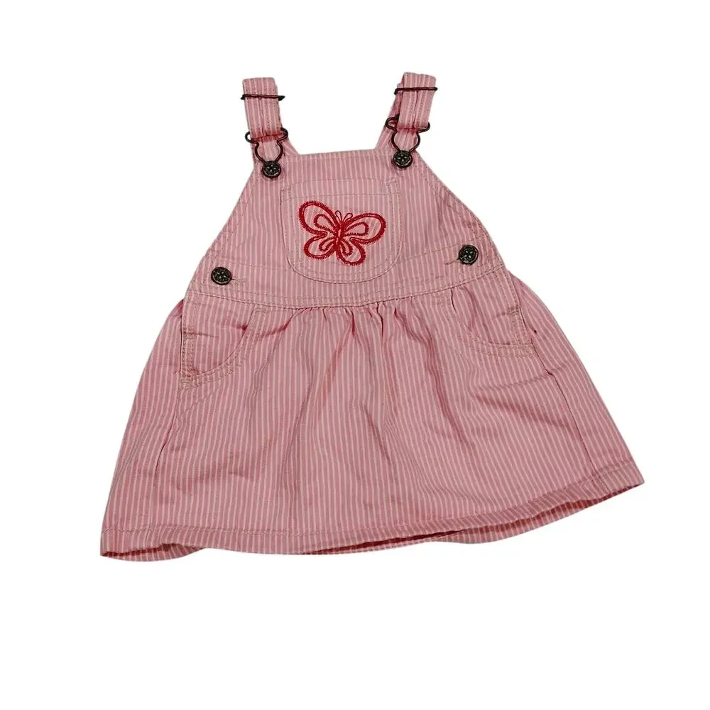 Vintage 12Month Baby Girl Osh Gosh Dress Pink White Striped Butterfly Embroidery